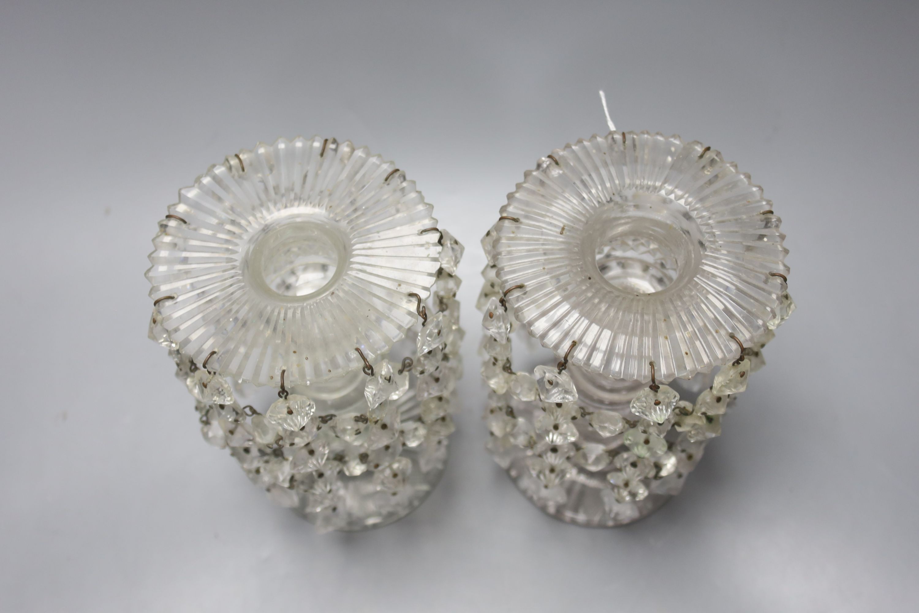 A pair of early Victorian glass lustres with hobnail cut stems, height 19cm